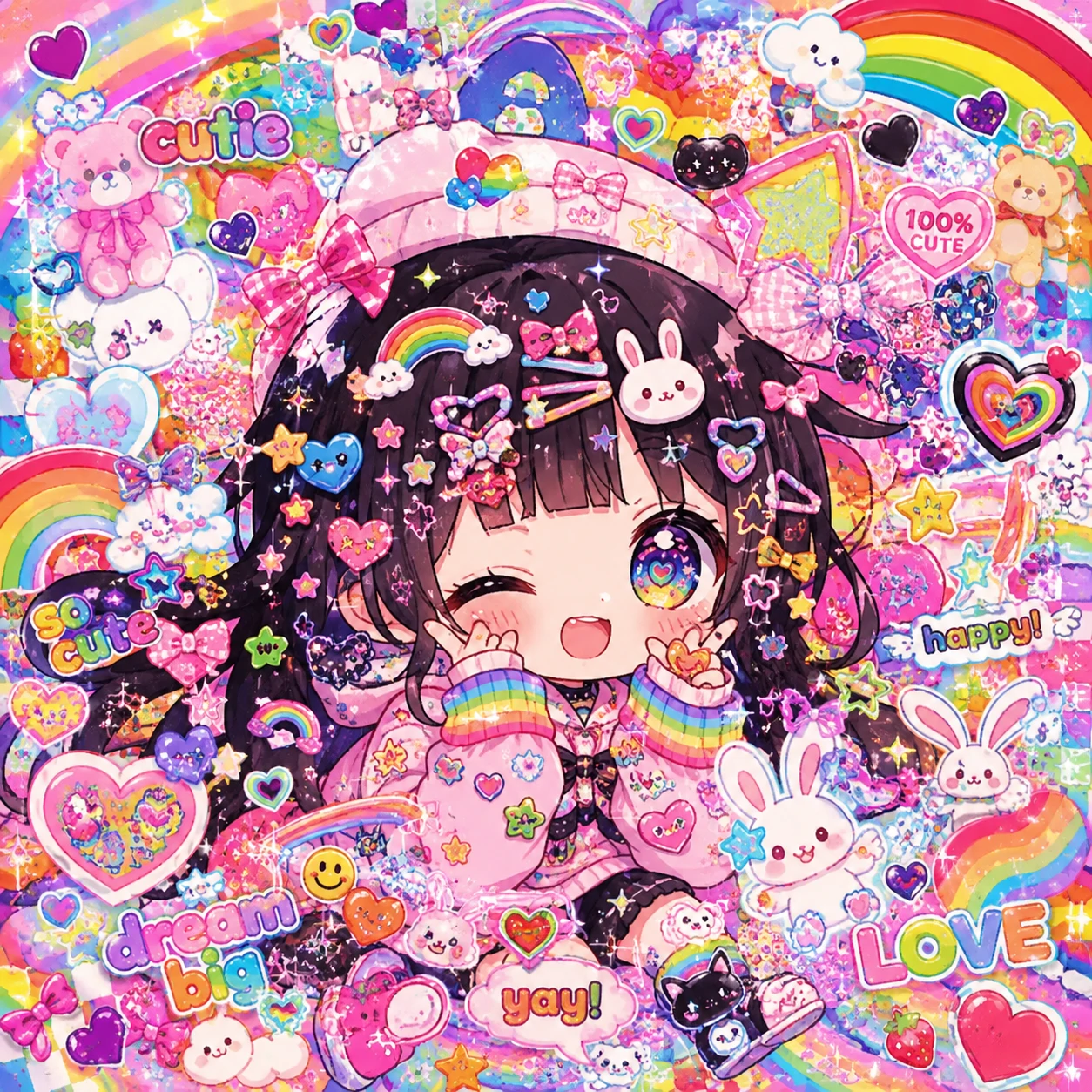 cutecore kawaii PFP with rainbow stickers, layered hearts and a chibi character edit