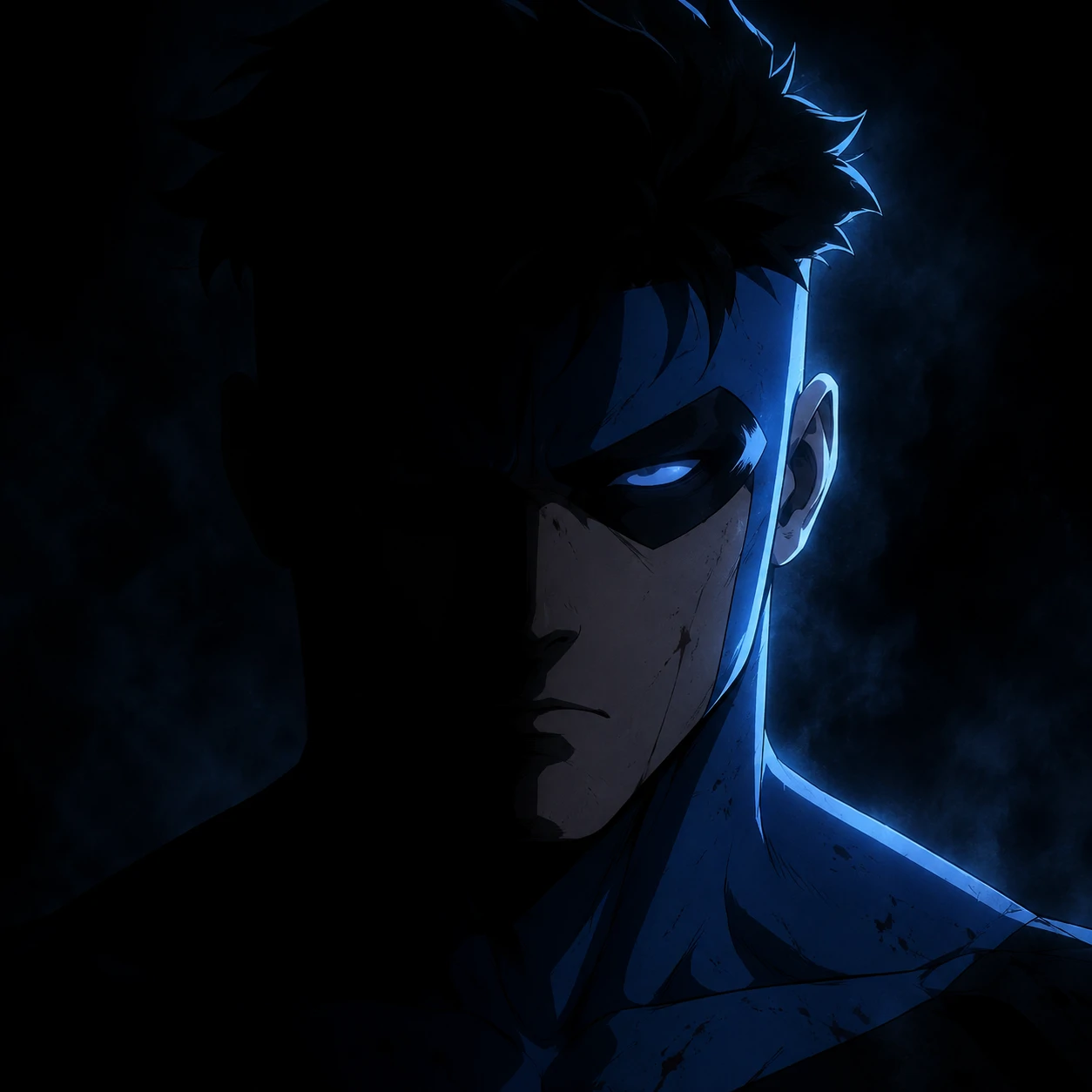 Dark Invincible PFP of Mark Grayson half-lit in heavy shadow with cold blue rim light