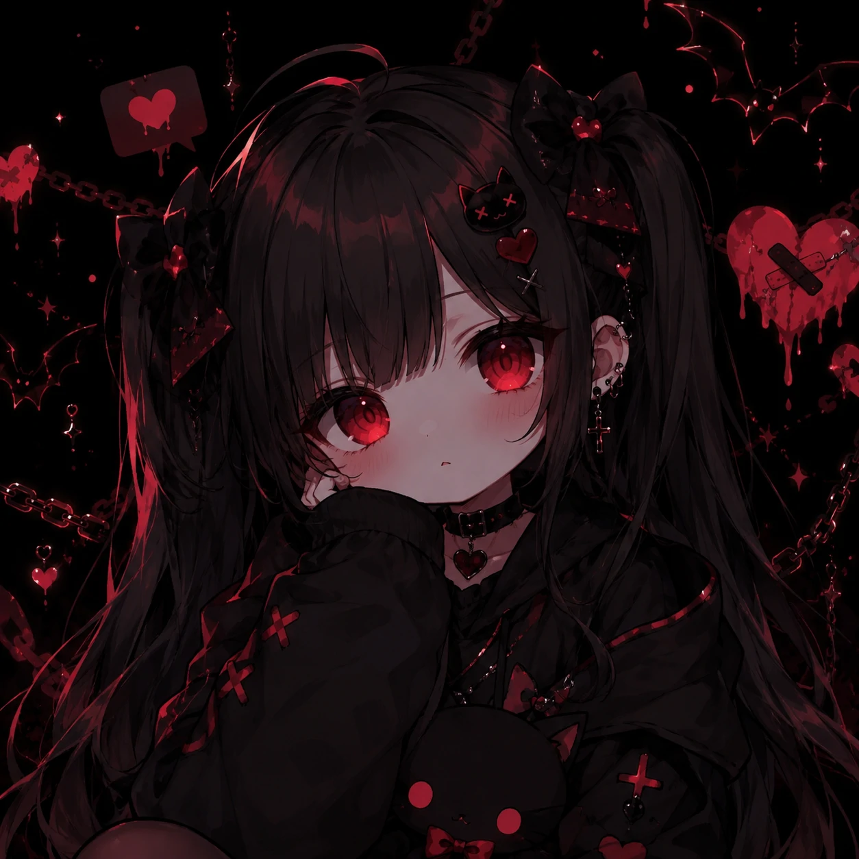 dark kawaii PFP with a cute anime girl on a black background and red-eye highlights