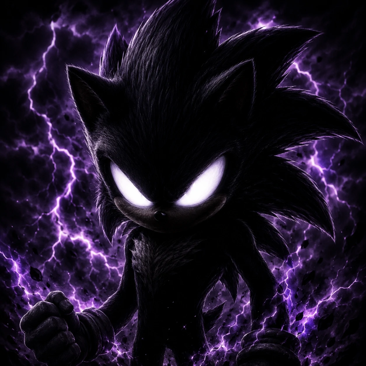 Dark Sonic PFP with pitch-black fur glowing white eyes and stormy purple background