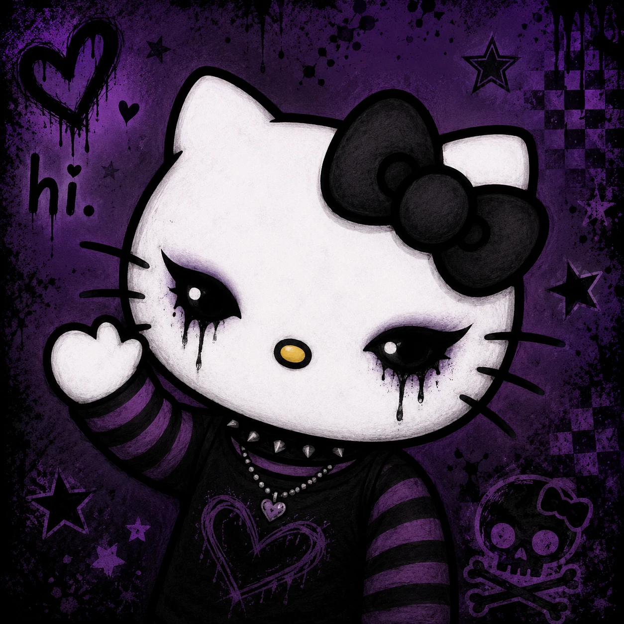 Emo Hello Kitty PFP with a black bow, dripping eyeliner and purple-black palette