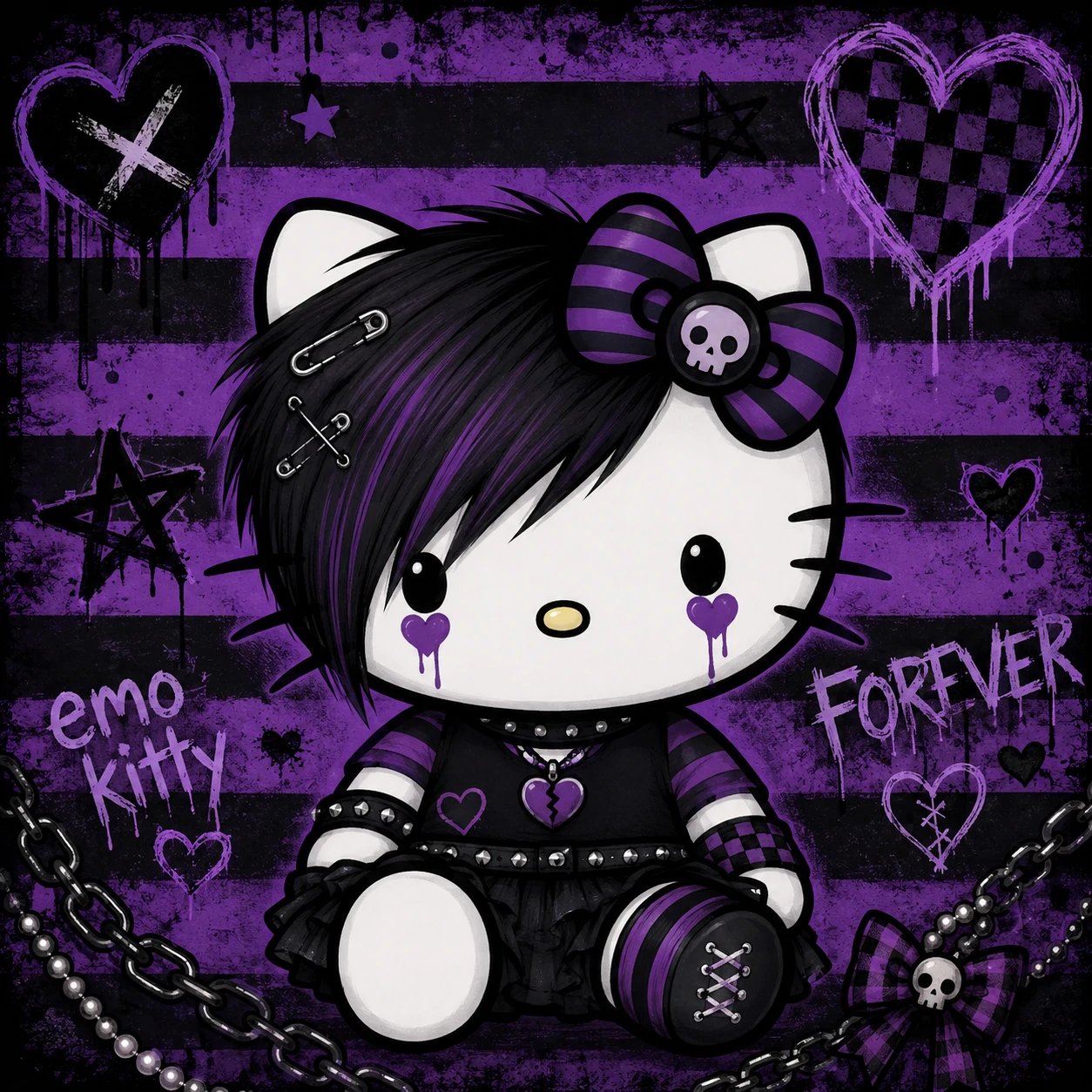 Scene-style emo Hello Kitty profile picture with purple black stripes and heart tears