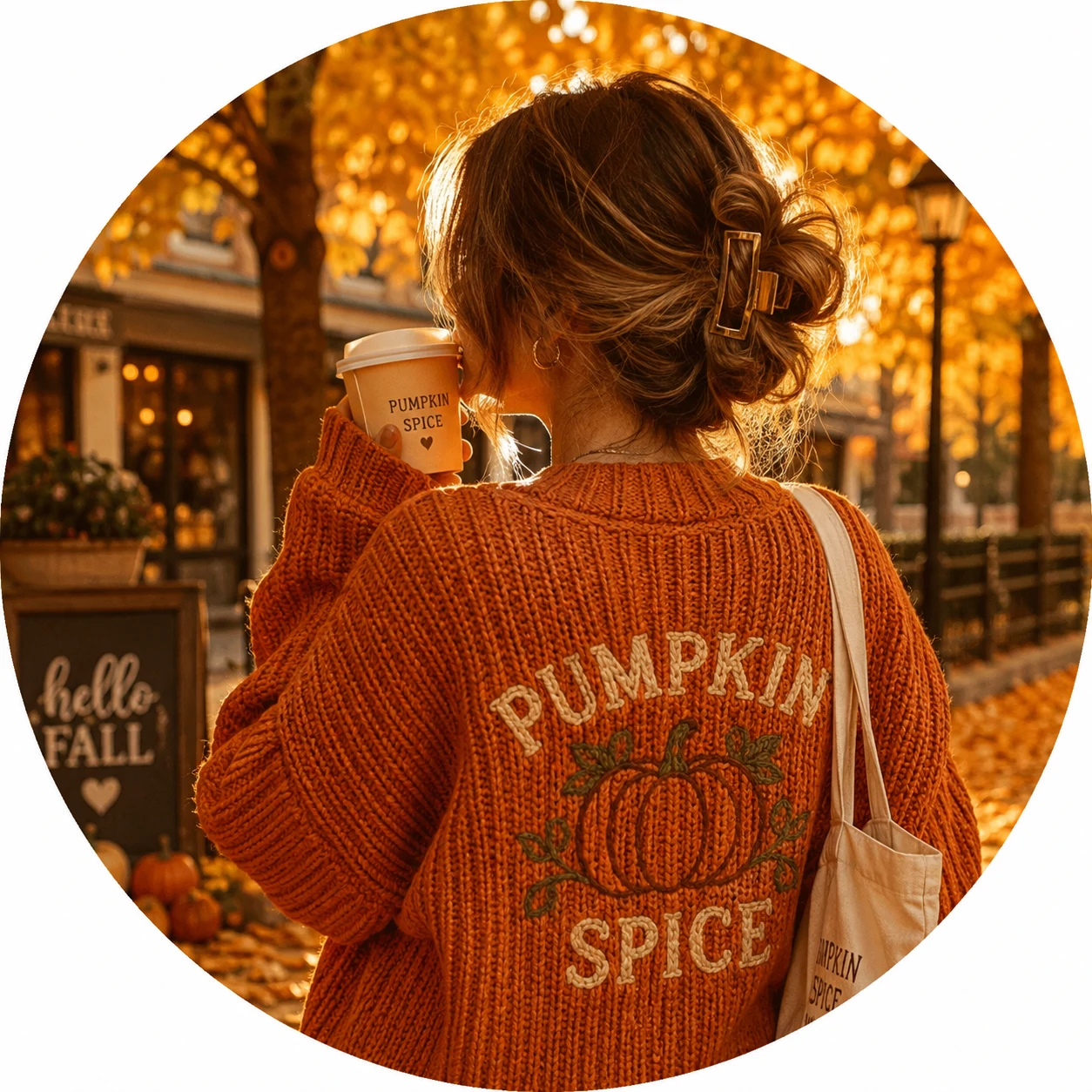Fall preppy pfp with a chunky pumpkin-spice sweater and warm golden autumn lighting