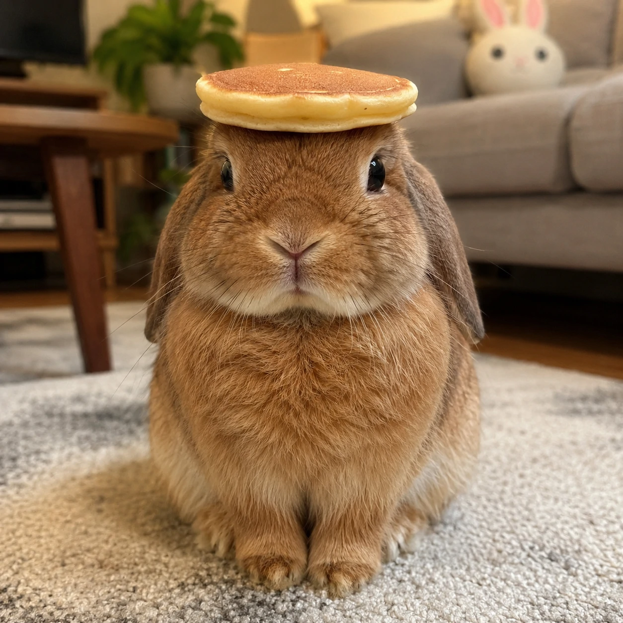 Funny bunny pfp of a brown rabbit sitting calmly with a tiny pancake on its head
