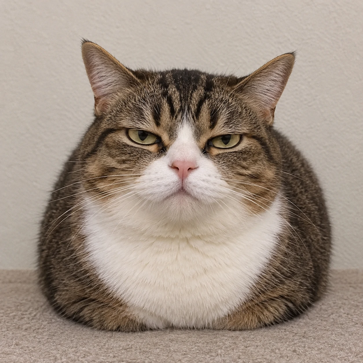 Funny cat profile picture of a loaf-shaped cat staring with mild judgment at the camera