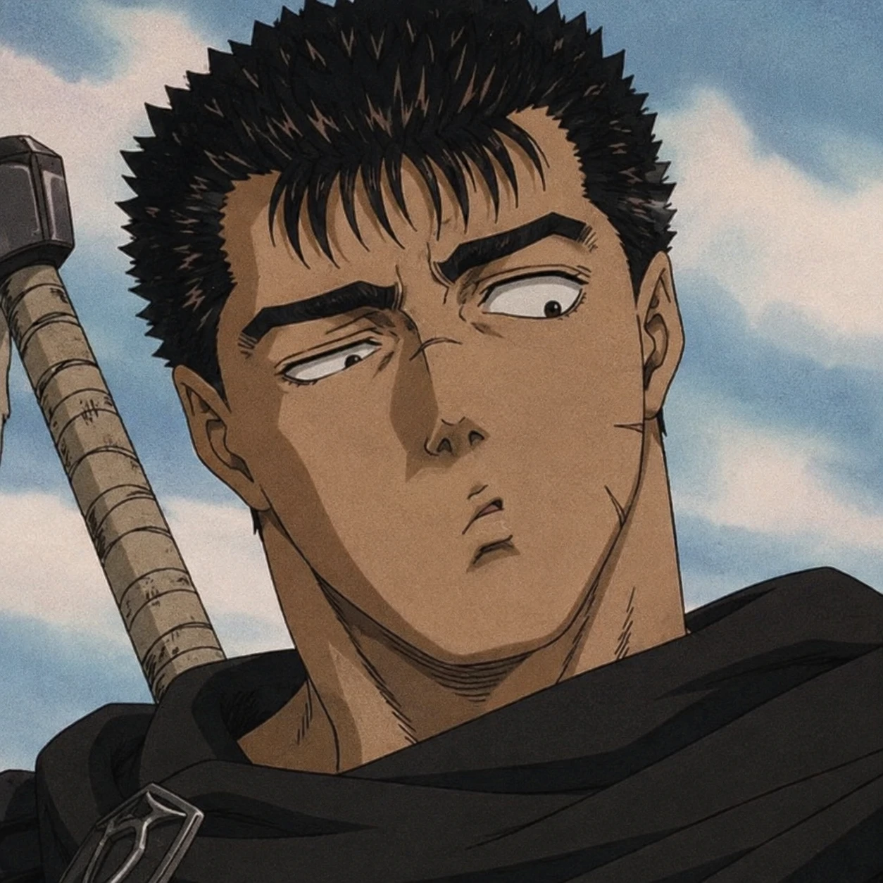 Funny Guts pfp with offguard expression and slightly awkward anime frame