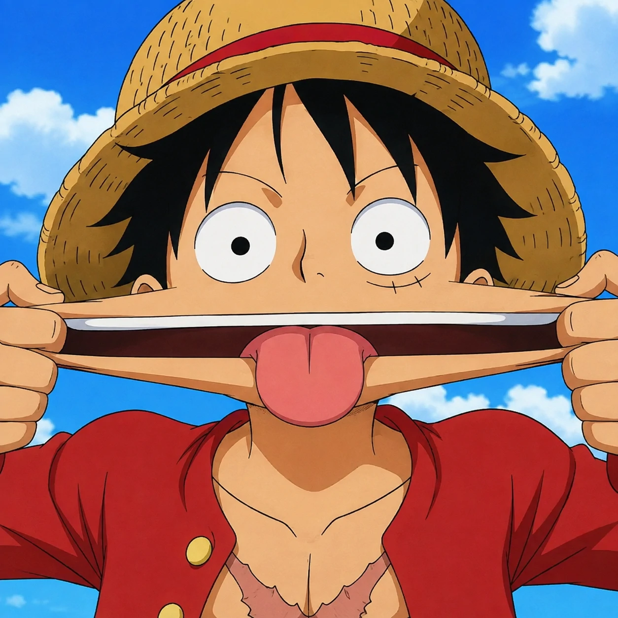 Funny Luffy profile picture stretching his mouth with silly One Piece reaction