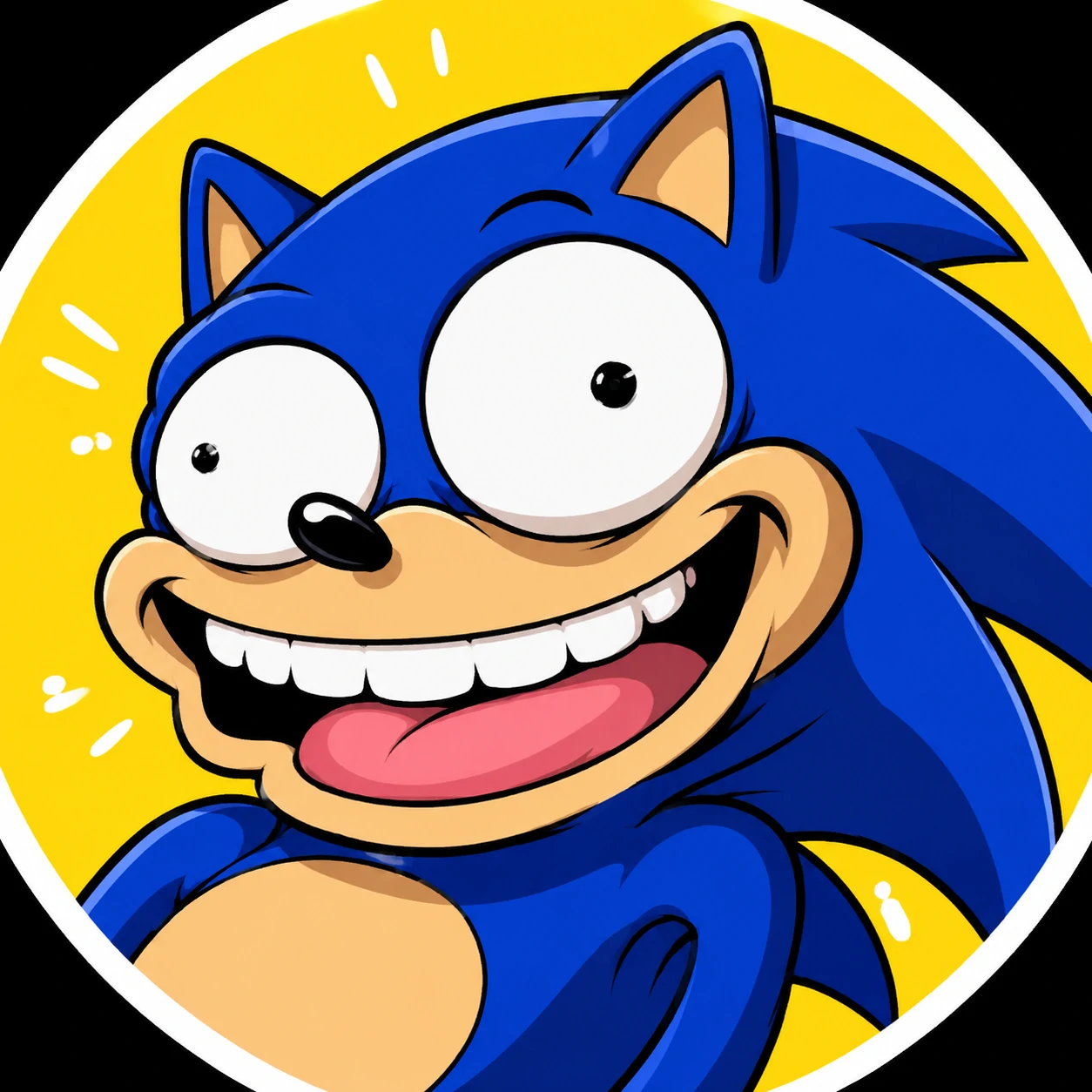 Funny Sonic PFP with derpy wide eyes and exaggerated goofy grin in meme style