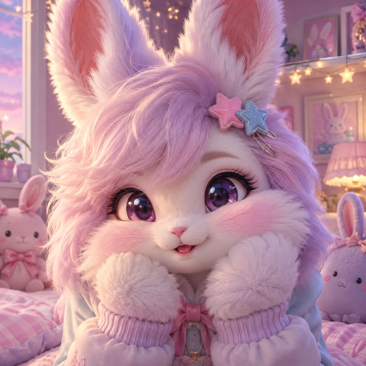 Pastel-furred furry bunny avatar with fluffy cheeks and star clips