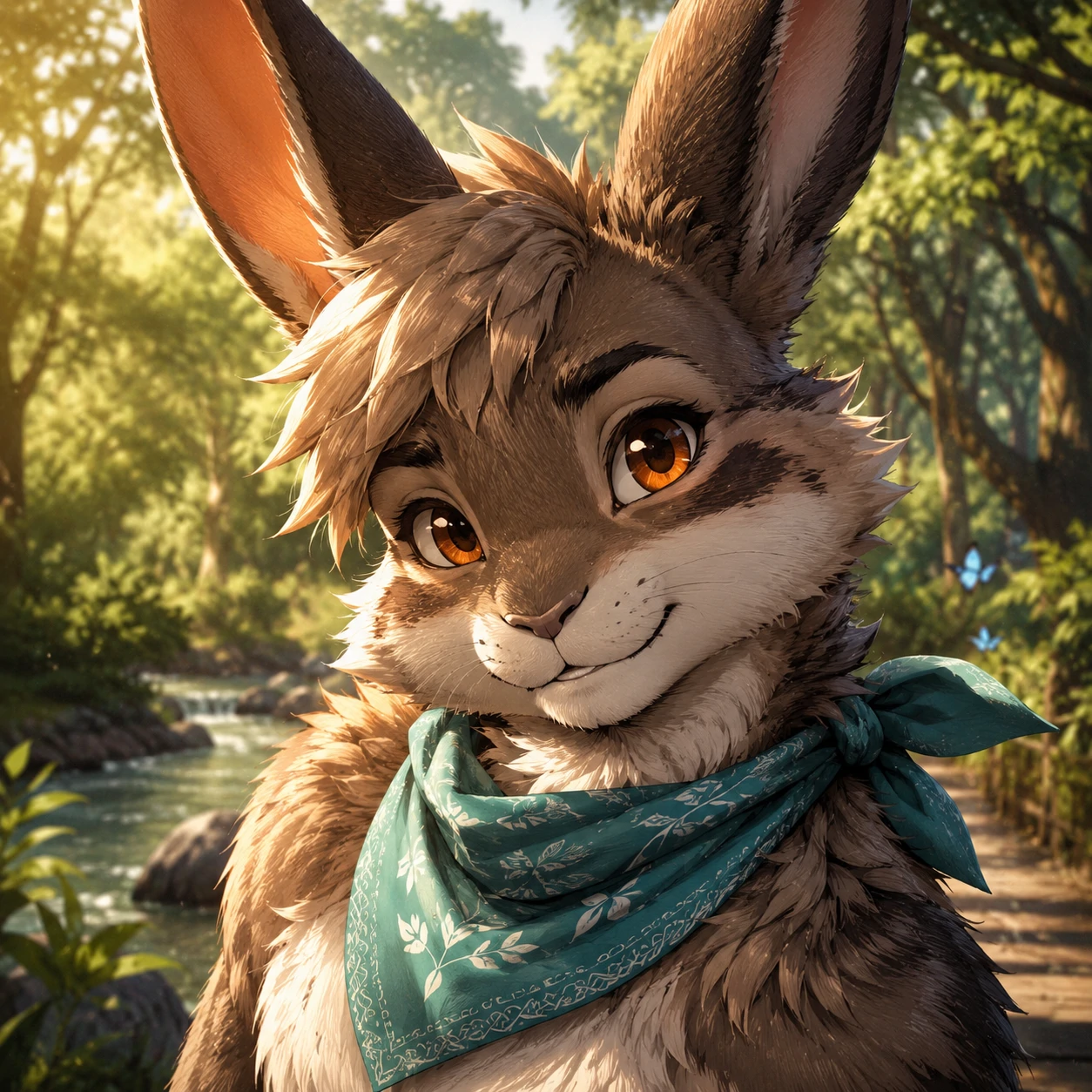 Furry bunny pfp of an original rabbit fursona with detailed fur and a colorful bandana
