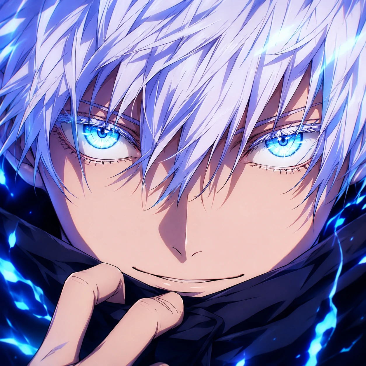 Bright-eyed Gojo anime profile picture with tight face-first crop