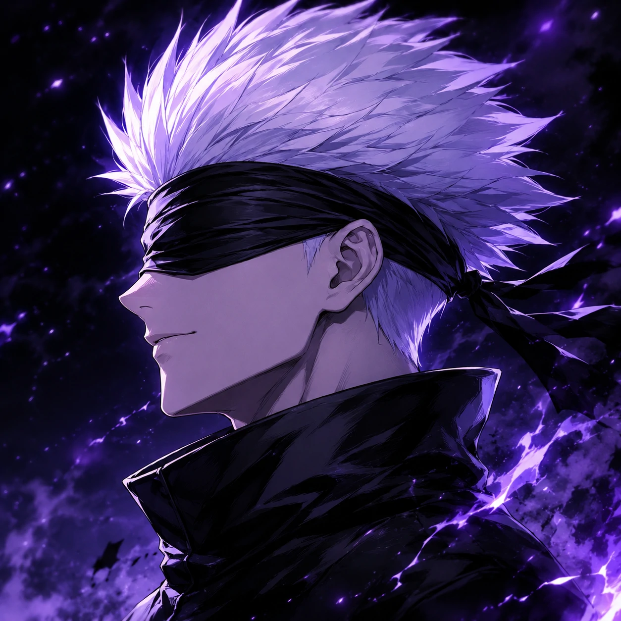 Gojo blindfold profile picture with cool side angle and black coat