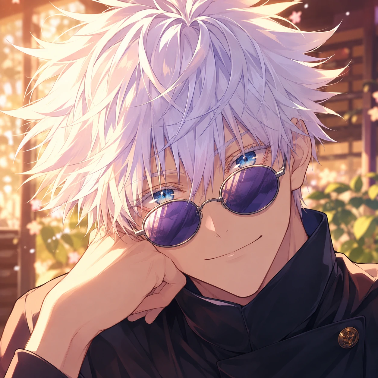 Cute Gojo PFP with soft smile, bright eyes, and warm anime lighting