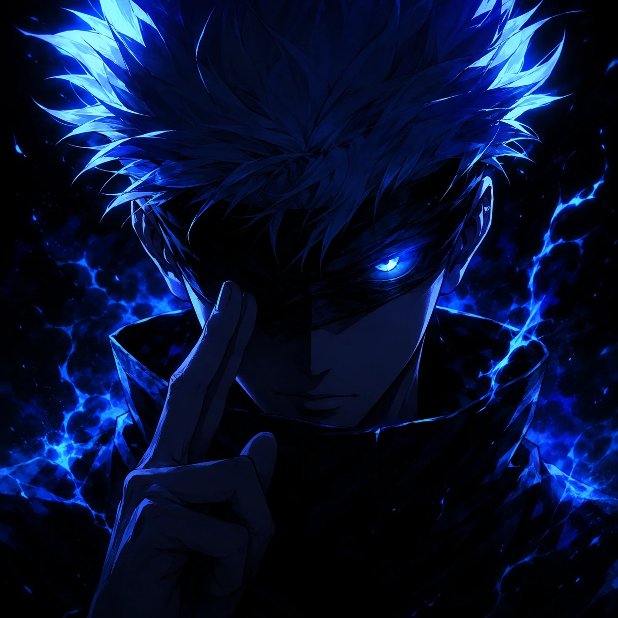 Dark Gojo PFP with shadowed face and electric blue flare