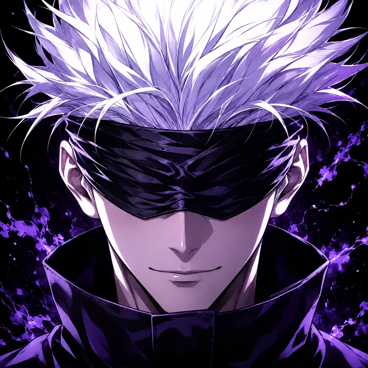 High-contrast Gojo Discord PFP with blindfold and dark background