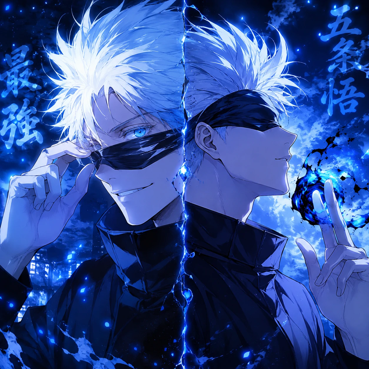 Gojo matching PFP duo with split scene and coordinated blue palette