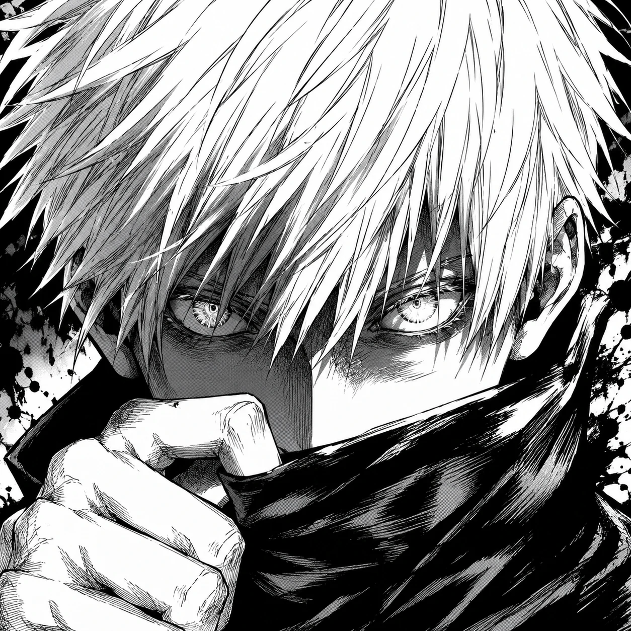 Gojo black and white PFP with intense manga shading and close crop