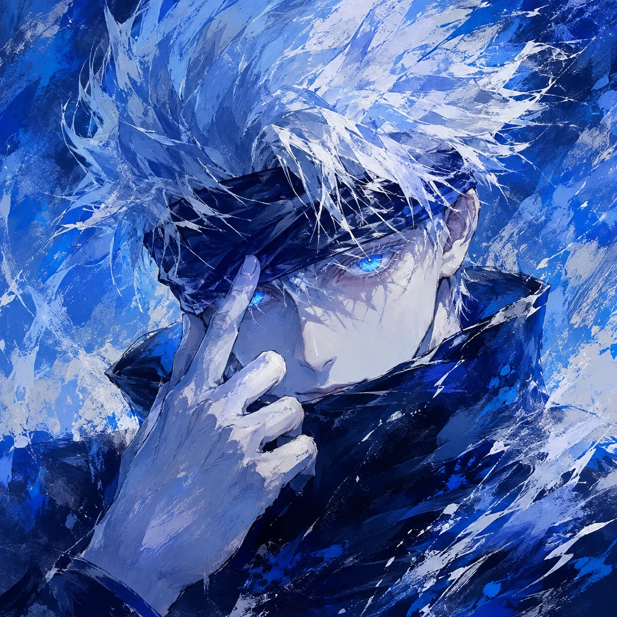 Gojo fanart PFP with cool blue brushwork and luminous anime eyes