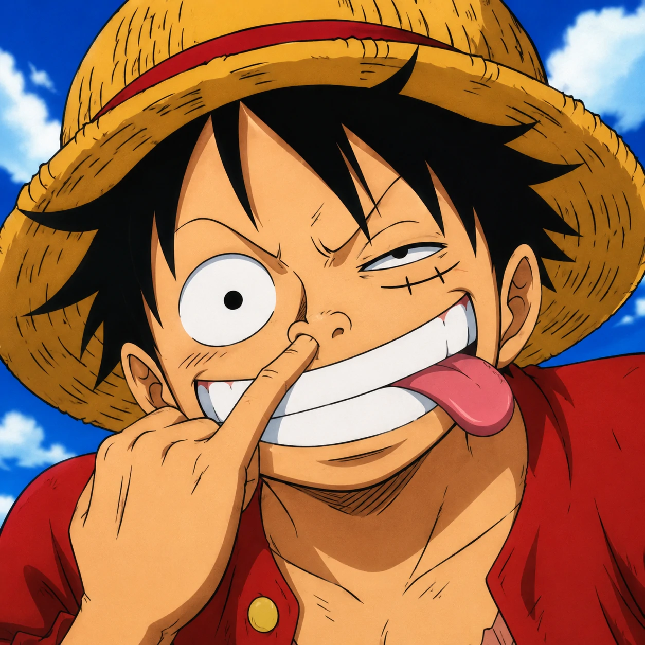 Goofy Luffy pfp with cheeky grin, messy expression, and playful anime mood