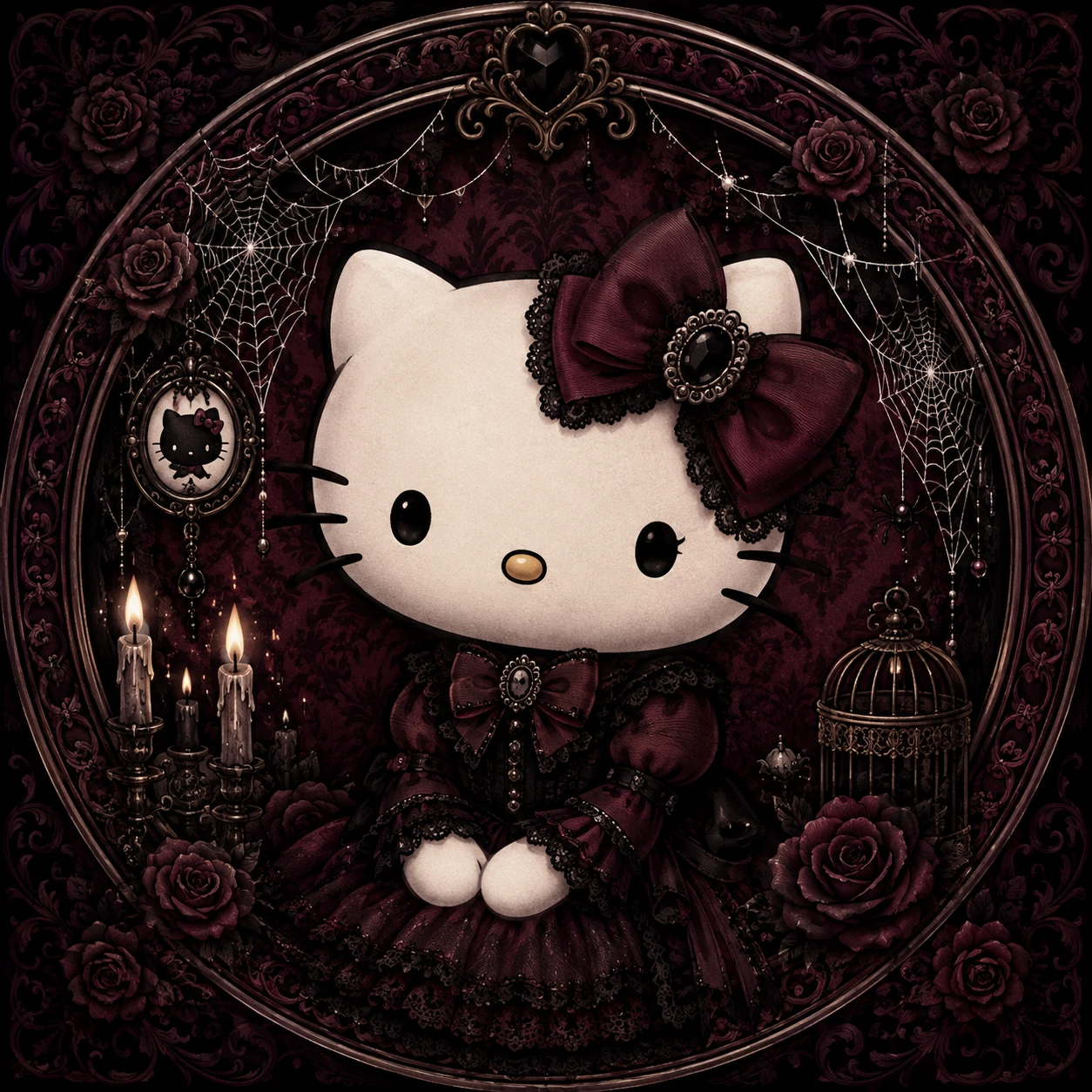 Victorian gothic Hello Kitty profile picture with cobweb accents and deep burgundy tones