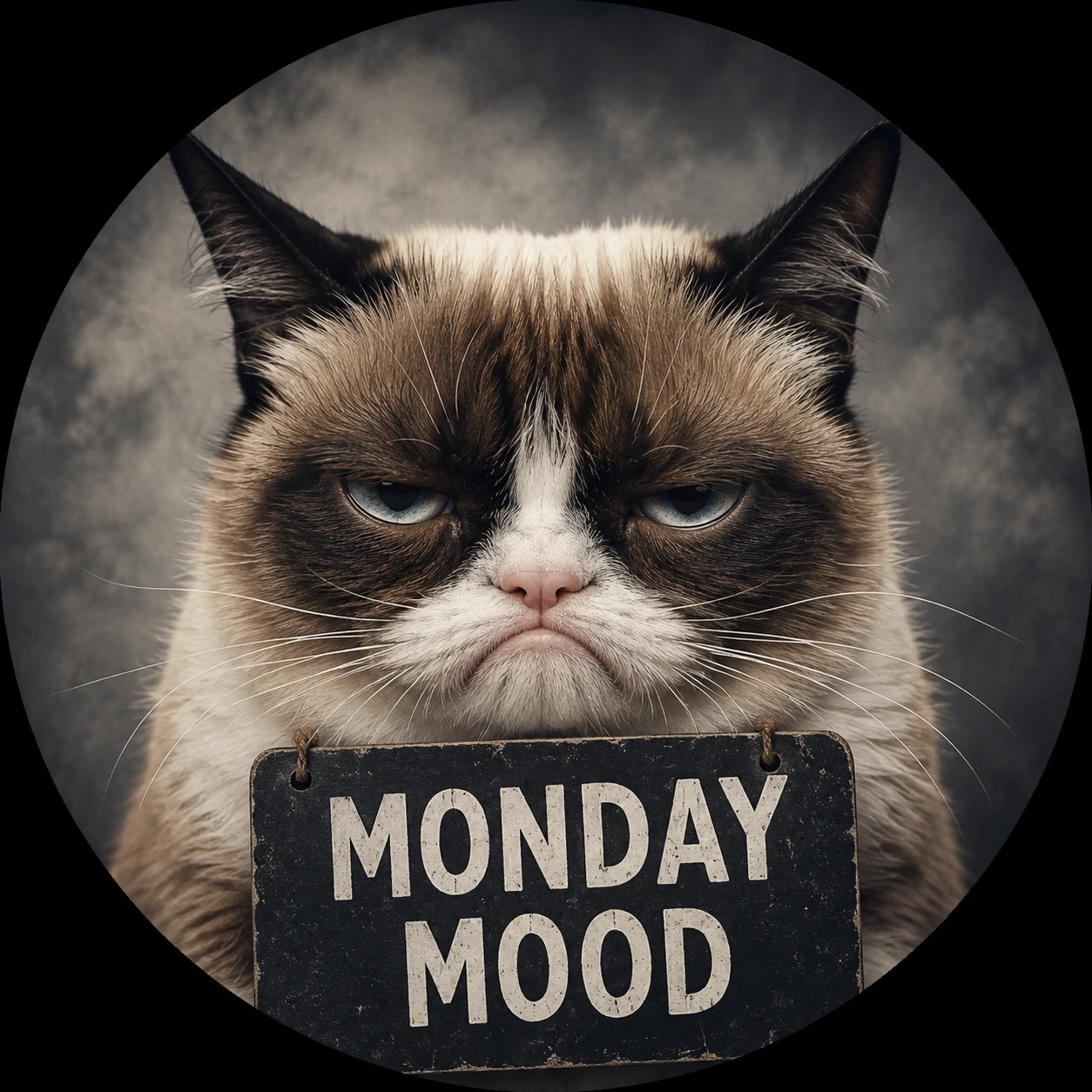 Grumpy cat profile picture with a dramatic frown and half-closed tired eyes, Monday mood