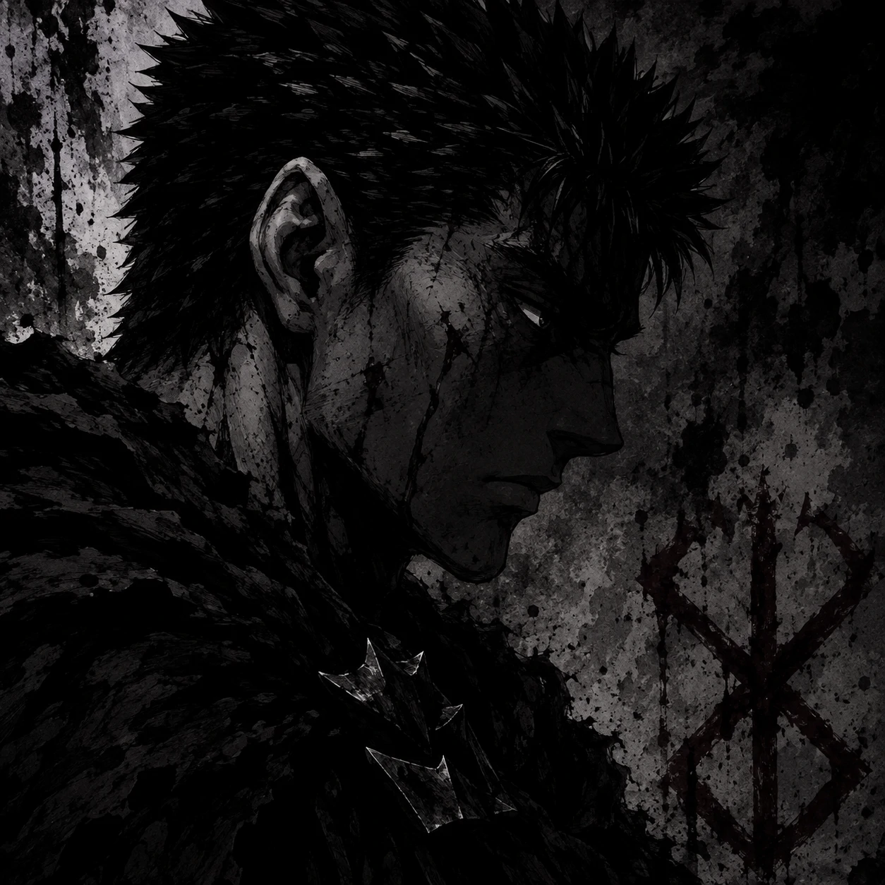 Guts and Griffith matching pfp with Guts in dark shadowed side profile