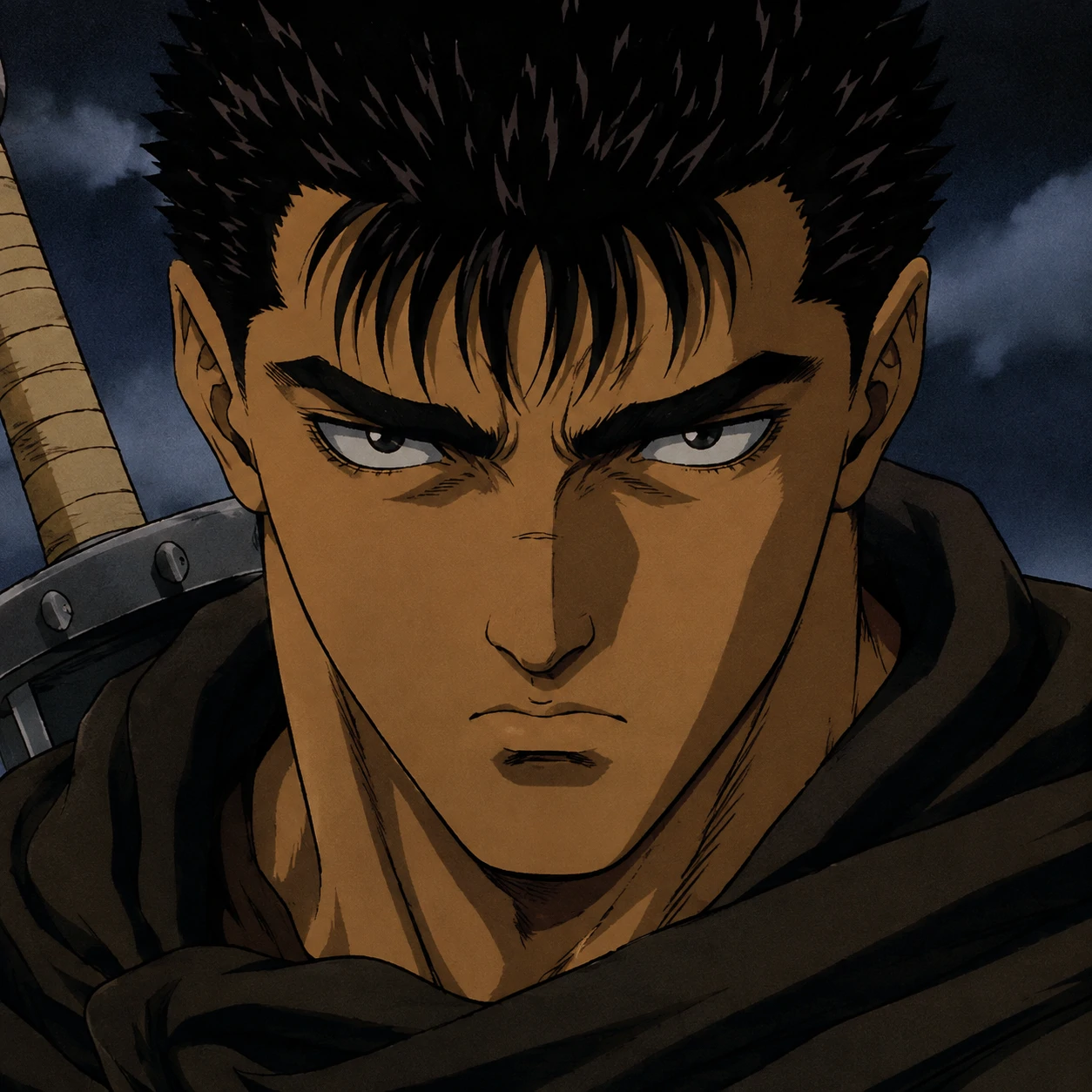 Guts anime pfp from 1997-style frame with cel shading and stern stare