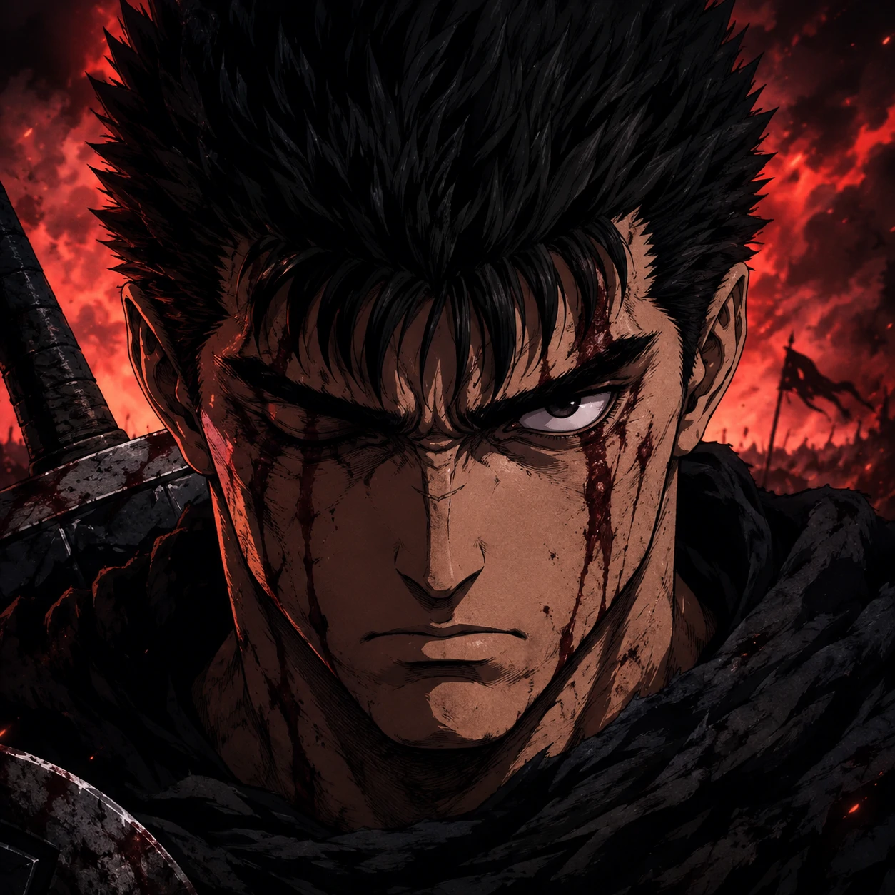 Anime Guts profile picture with battle lighting, dark hair, and intense expression