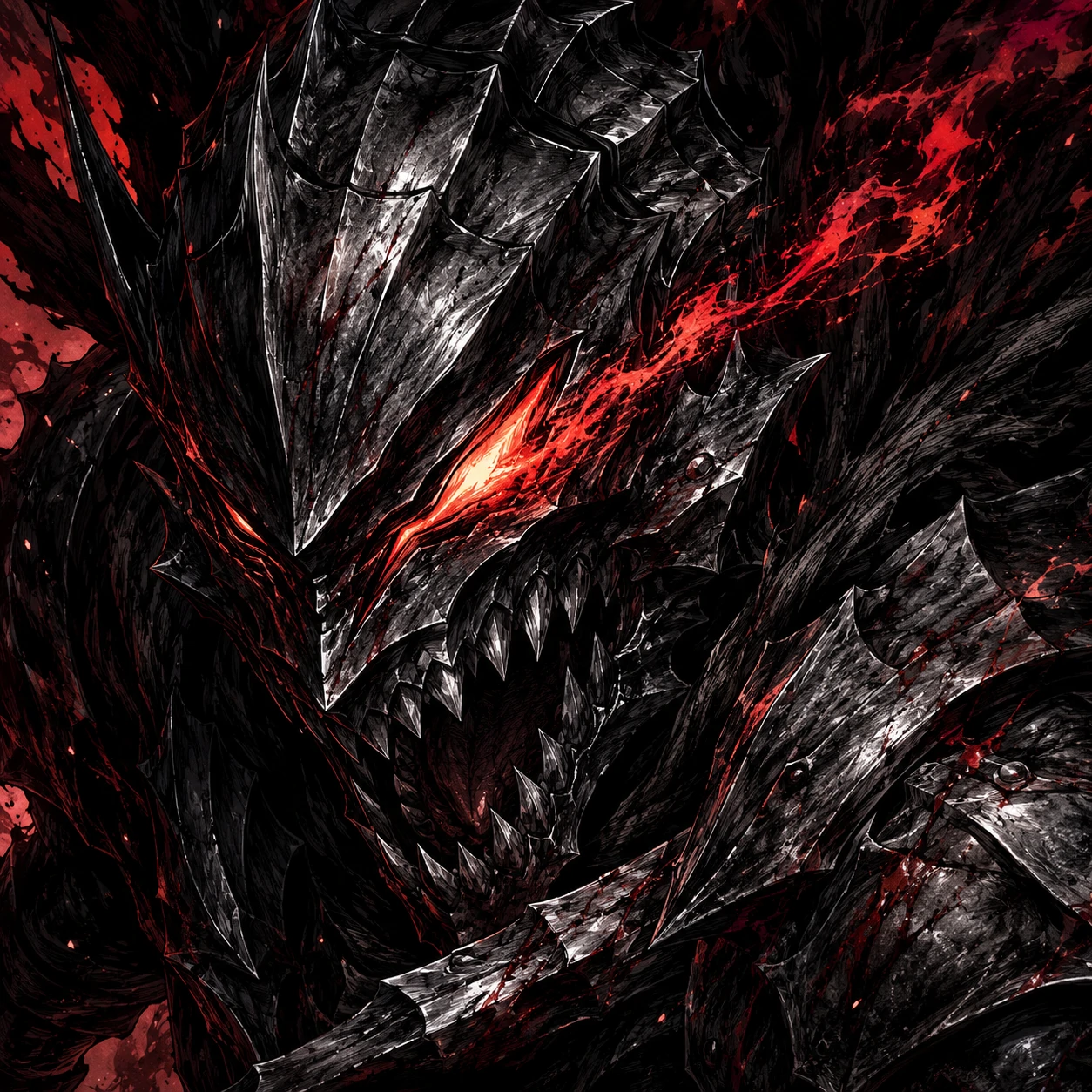 Guts berserker armor pfp with snarling helm and beastlike dark fantasy detail