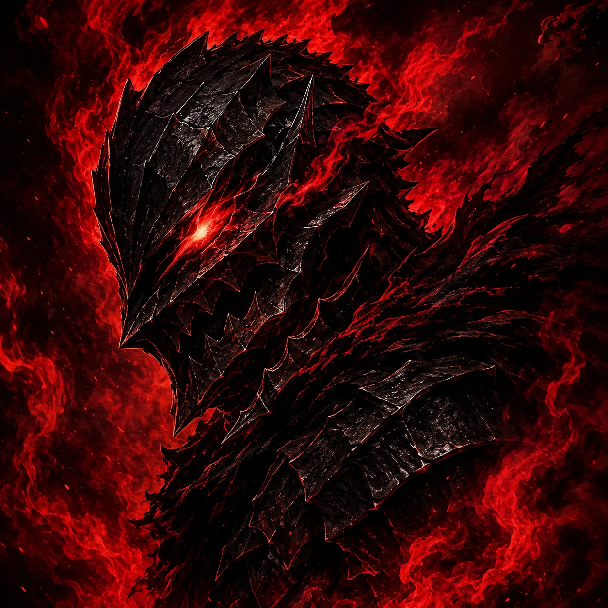 Berserker armor Guts profile picture with red smoke, glowing eye, and heavy shadows