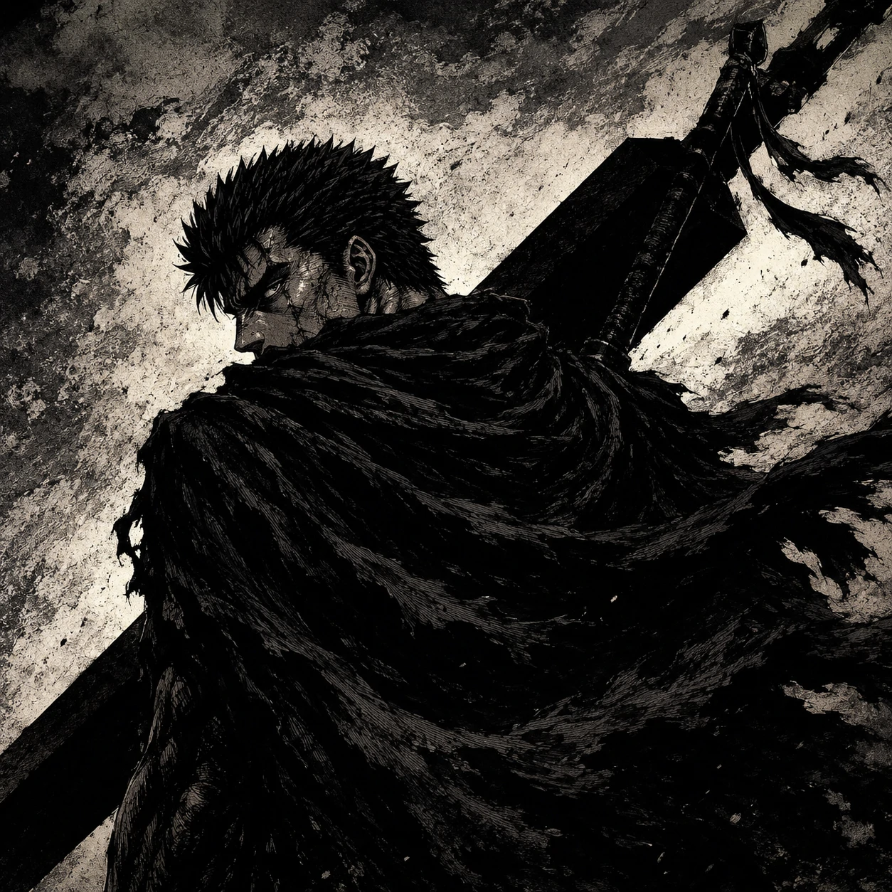 Guts Black Swordsman pfp with cloak blowing and sword silhouette behind him