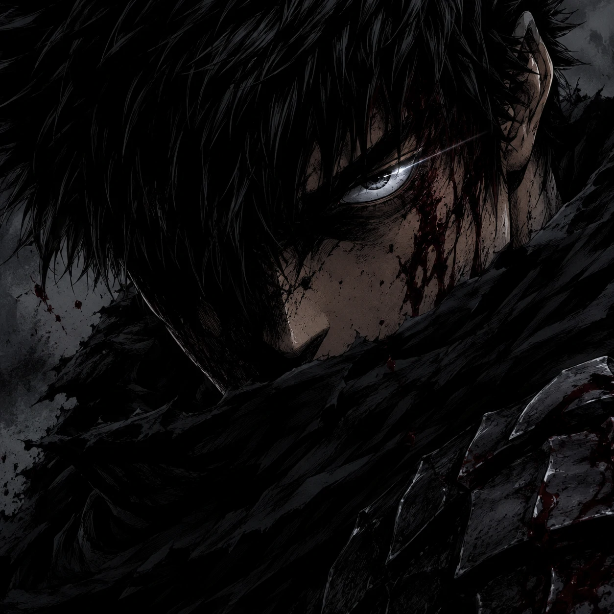 Black Swordsman Guts profile picture with one eye glint and dark battlewear