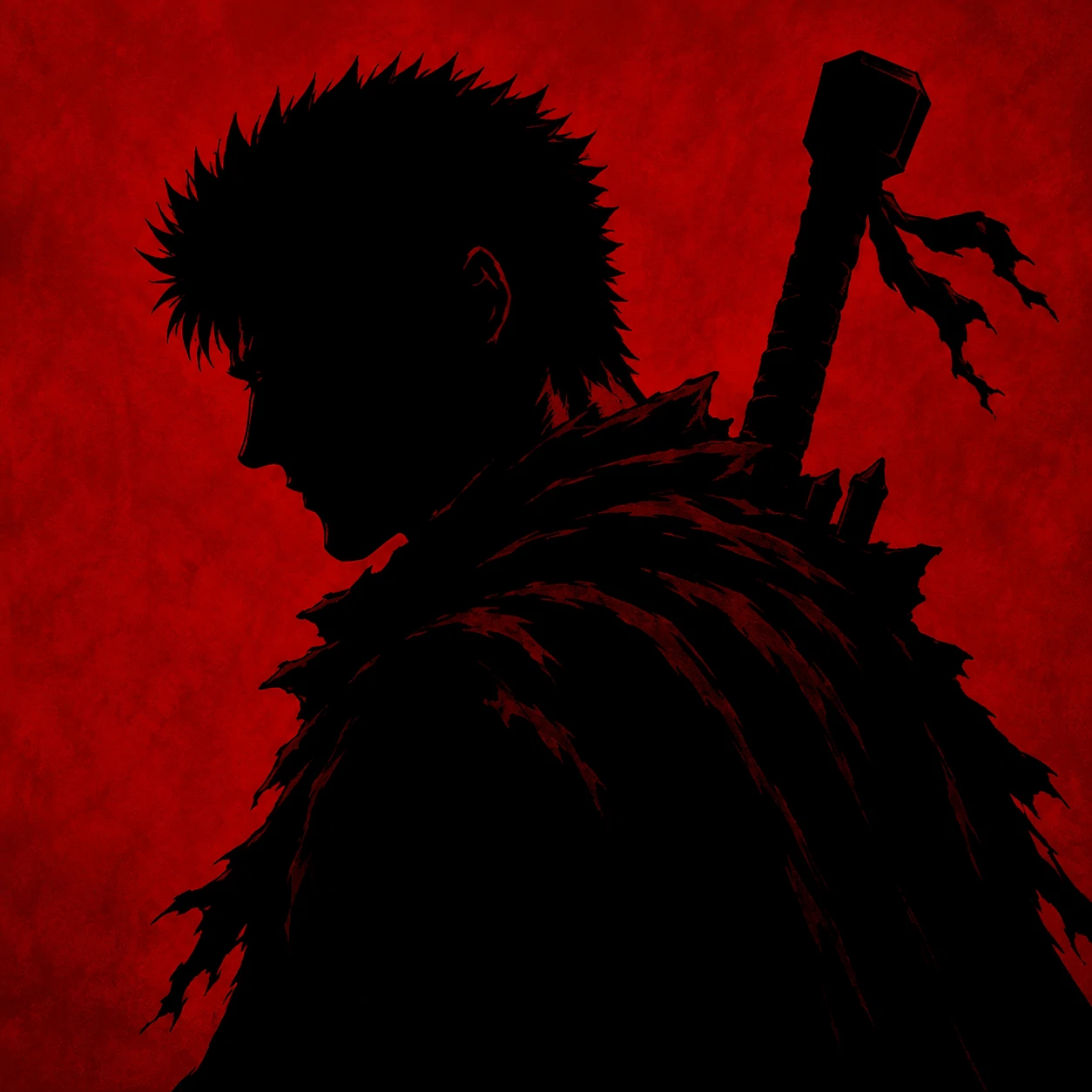 Discord-ready Guts profile picture with bold silhouette and dark red background