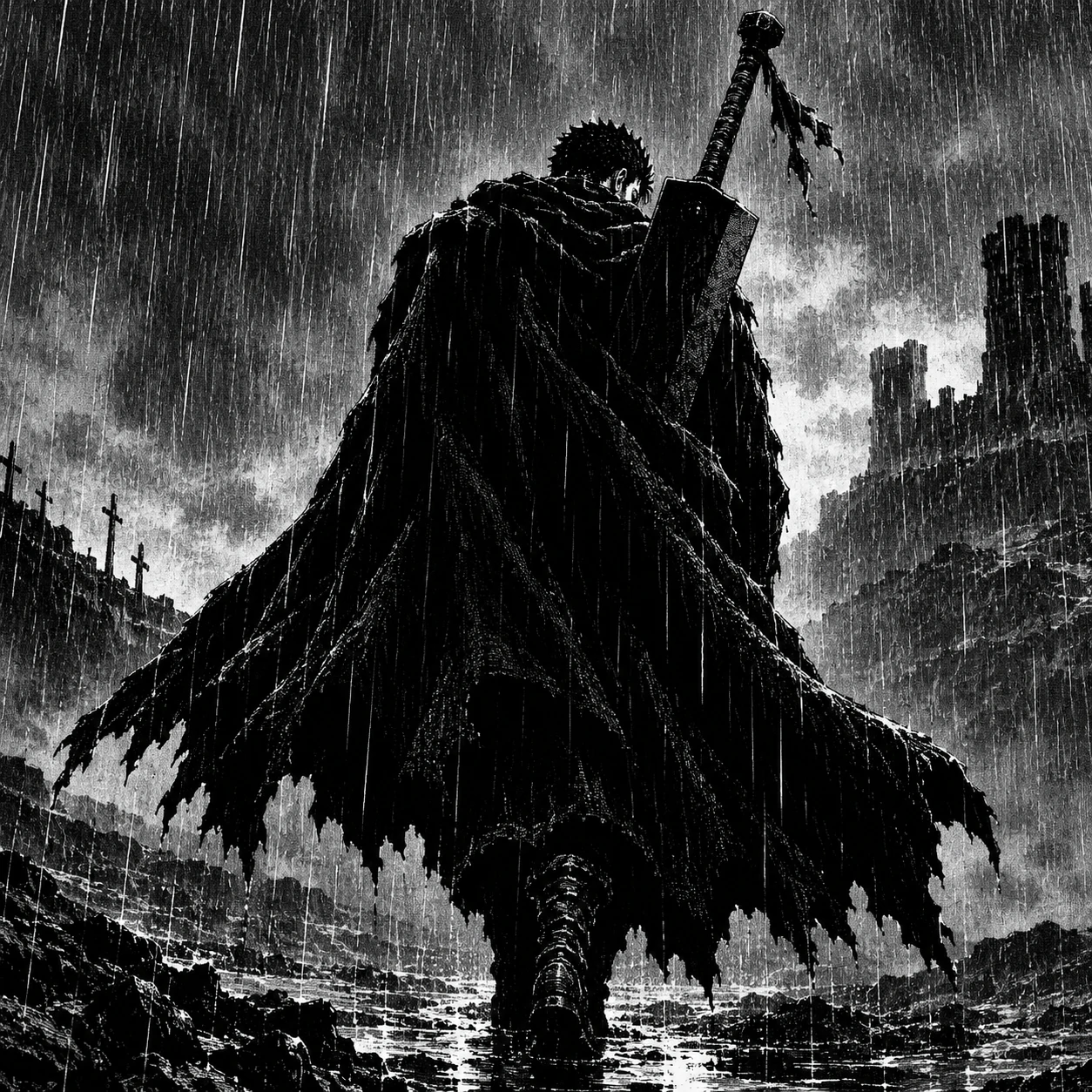 Guts manga profile picture from rainy Berserk panel with dark coat silhouette