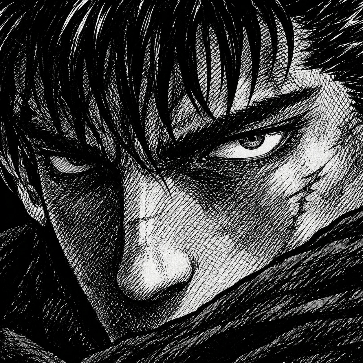 Guts manga panel pfp with intense stare and detailed crosshatched shadows