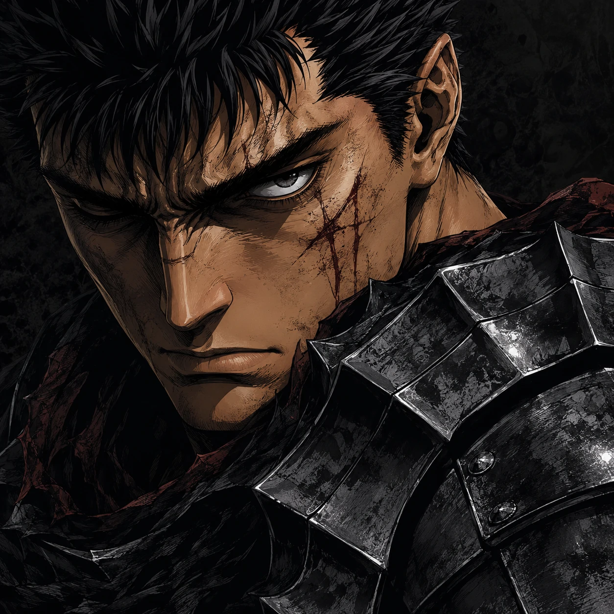 Guts 4k pfp close-up with detailed armor texture and sharp anime shading