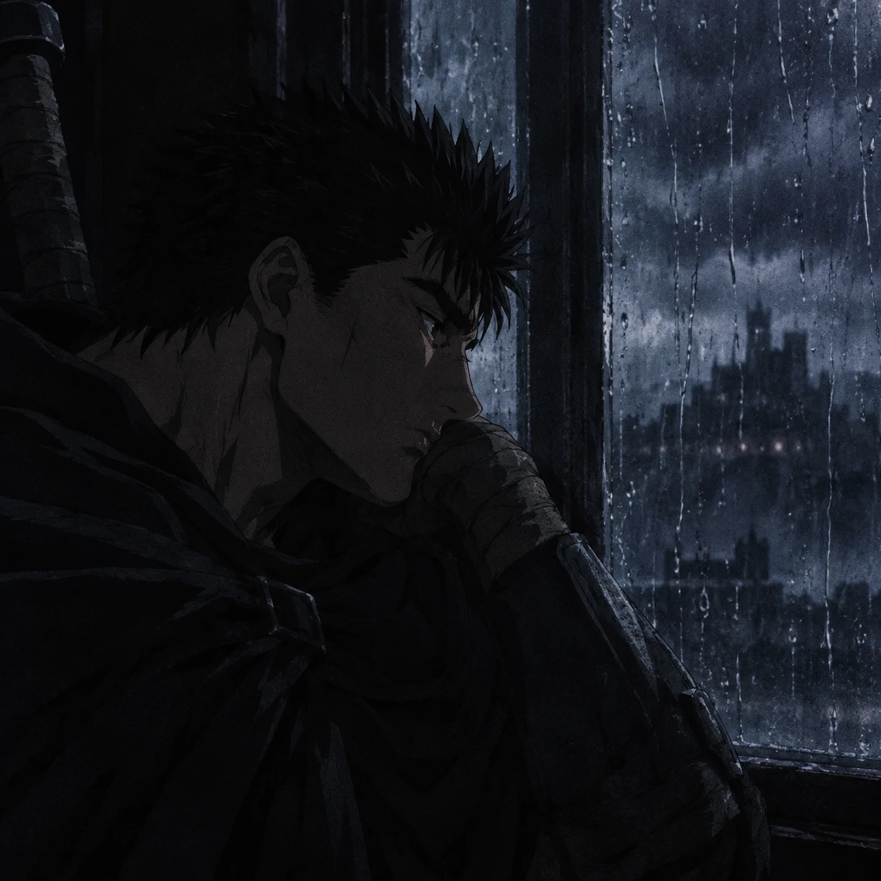 Guts aesthetic pfp with rain-streaked window and soft dark anime lighting