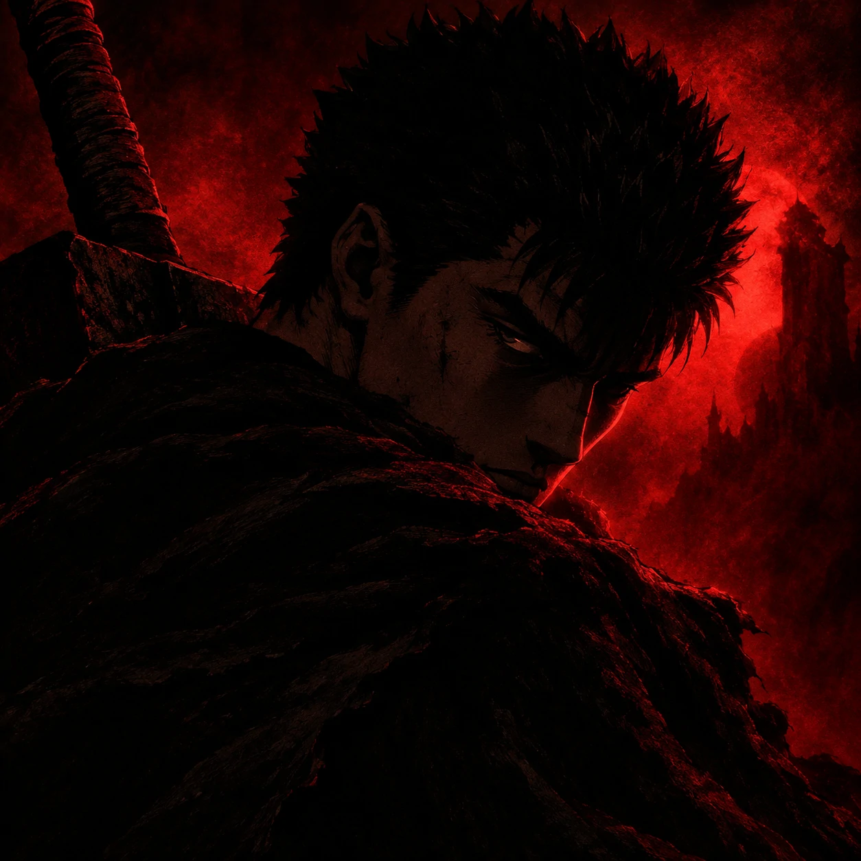Aesthetic Guts profile picture with red fade, shadows, and low-light anime edit