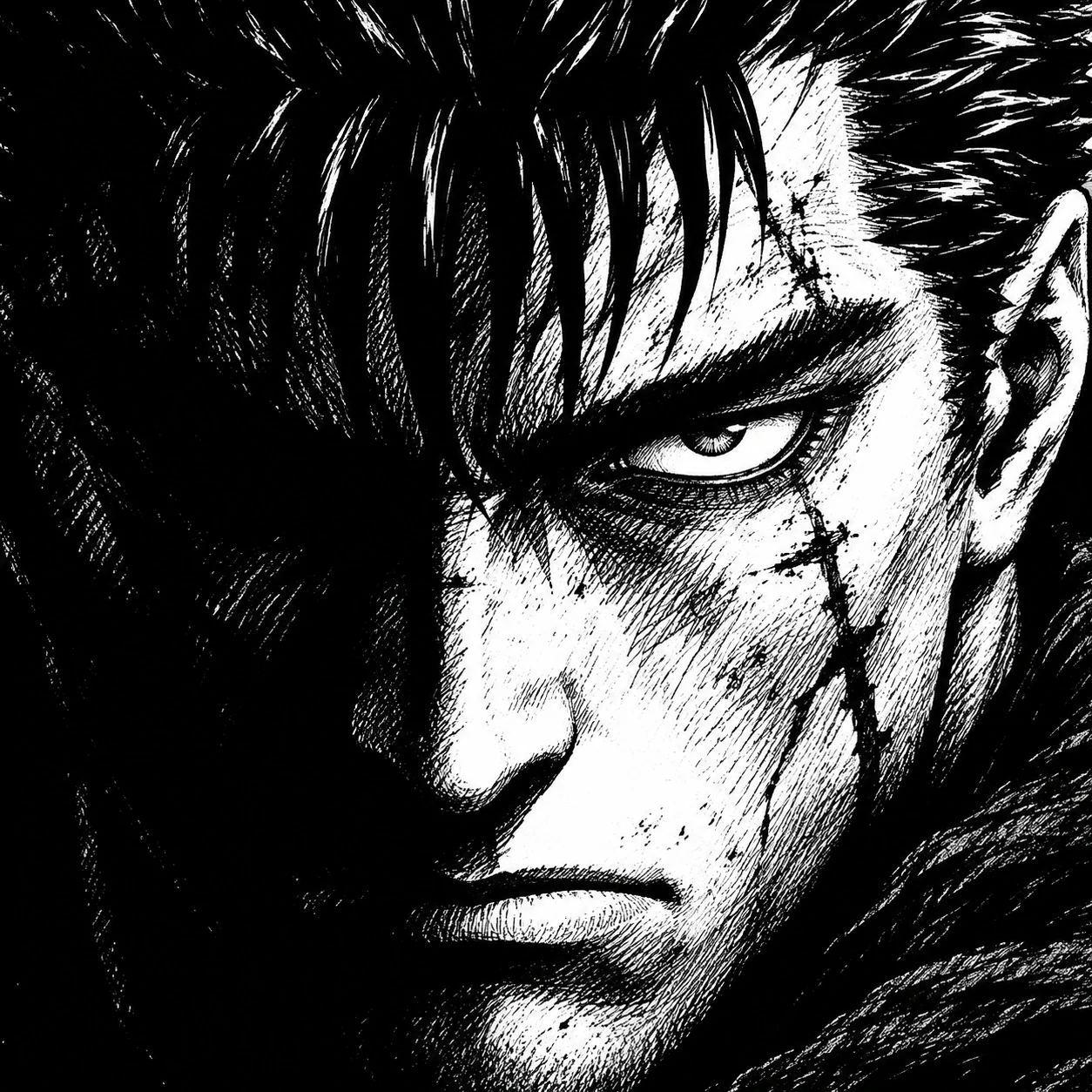 Guts black and white pfp close-up with harsh contrast and inked scars