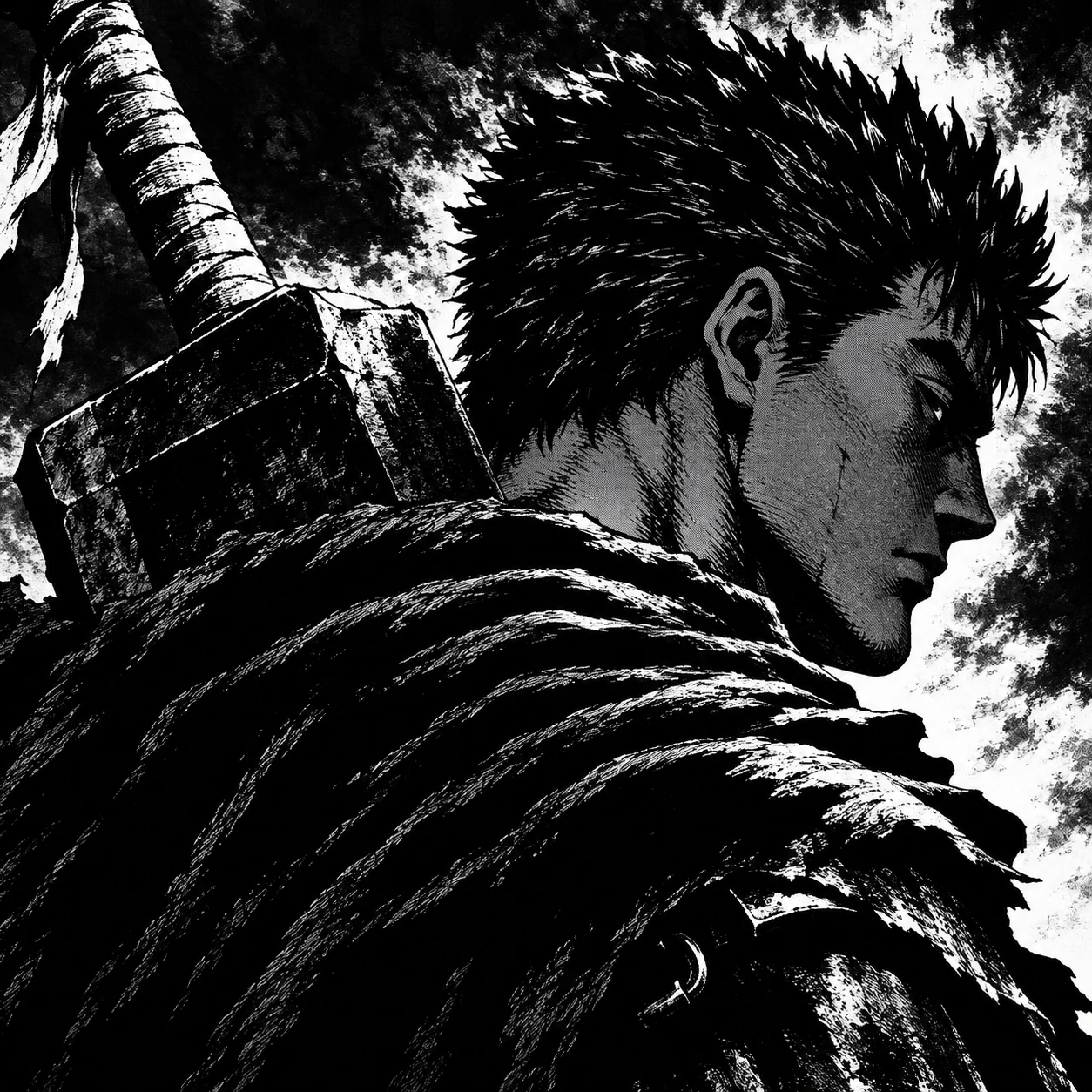 Monochrome Guts pfp with sword over shoulder and stark manga shading