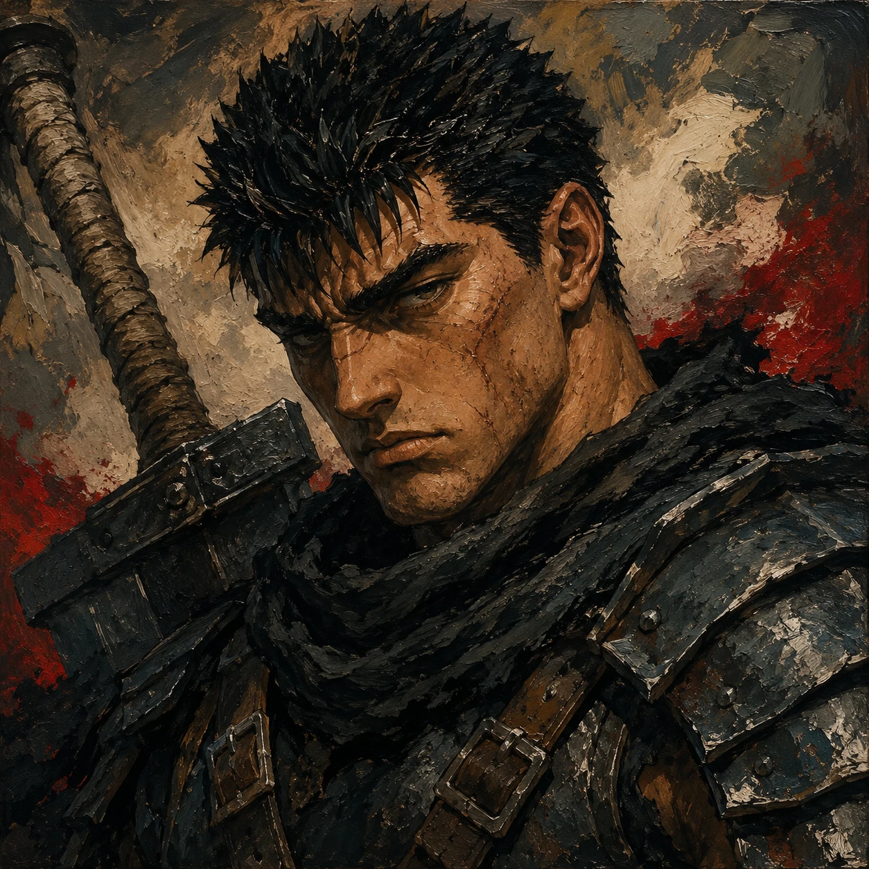Colored Guts pfp with painted shadows, steel armor highlights, and gritty texture