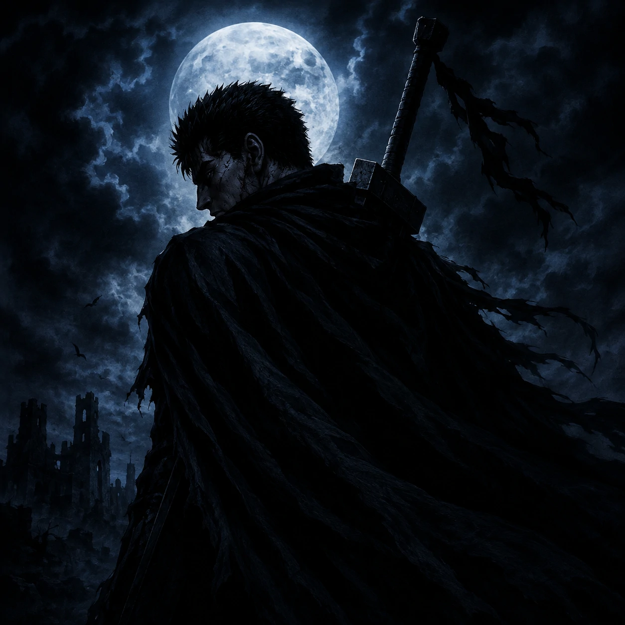 Guts dark profile picture under moonlight with cloak silhouette and sword