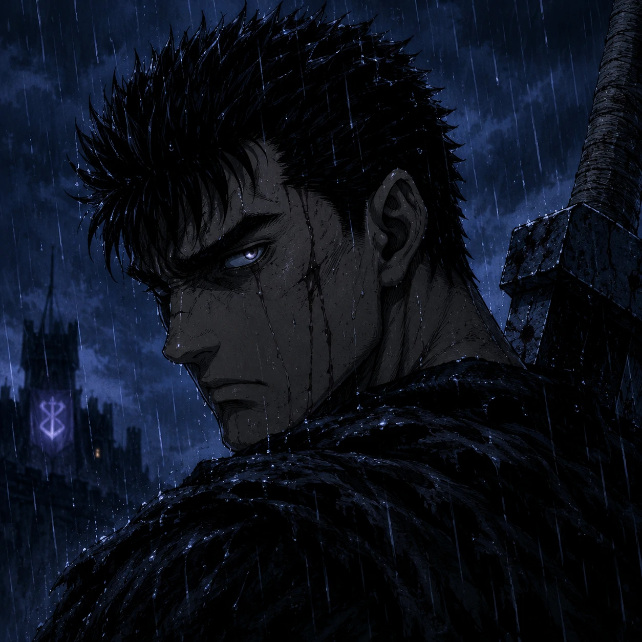 Guts GIF pfp frame with rain loop, blinking eyes, and dark blue mood