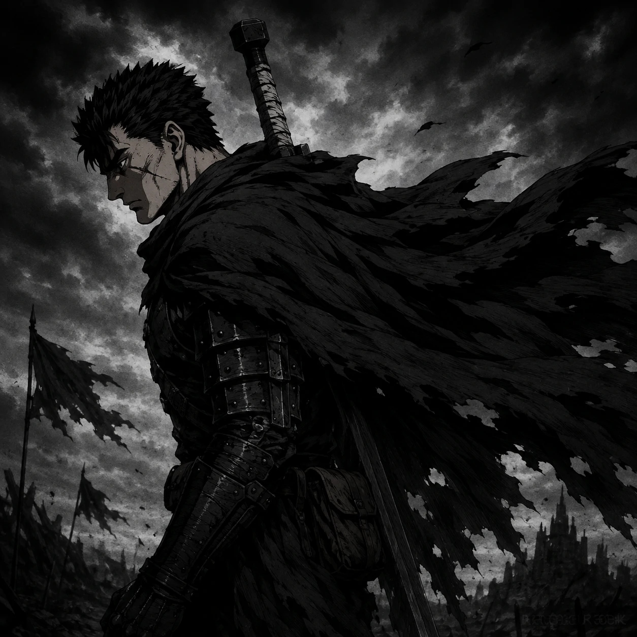 Animated-style Guts profile picture with walk-cycle frame and cloak motion