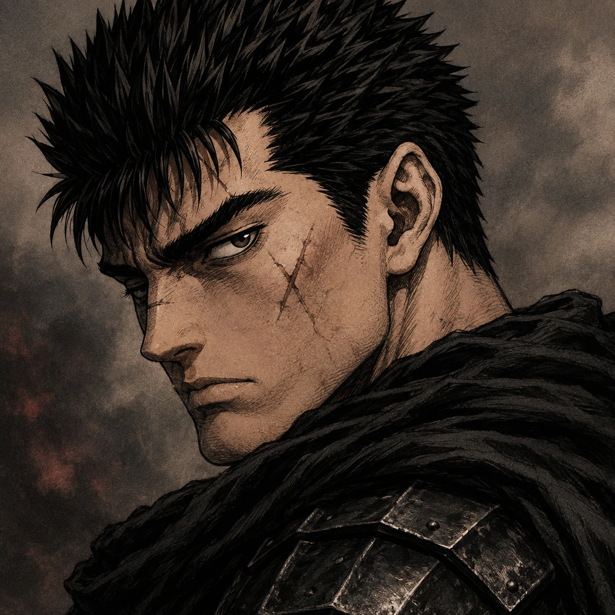 Guts Instagram pfp with soft grain, polished crop, and muted dramatic tones