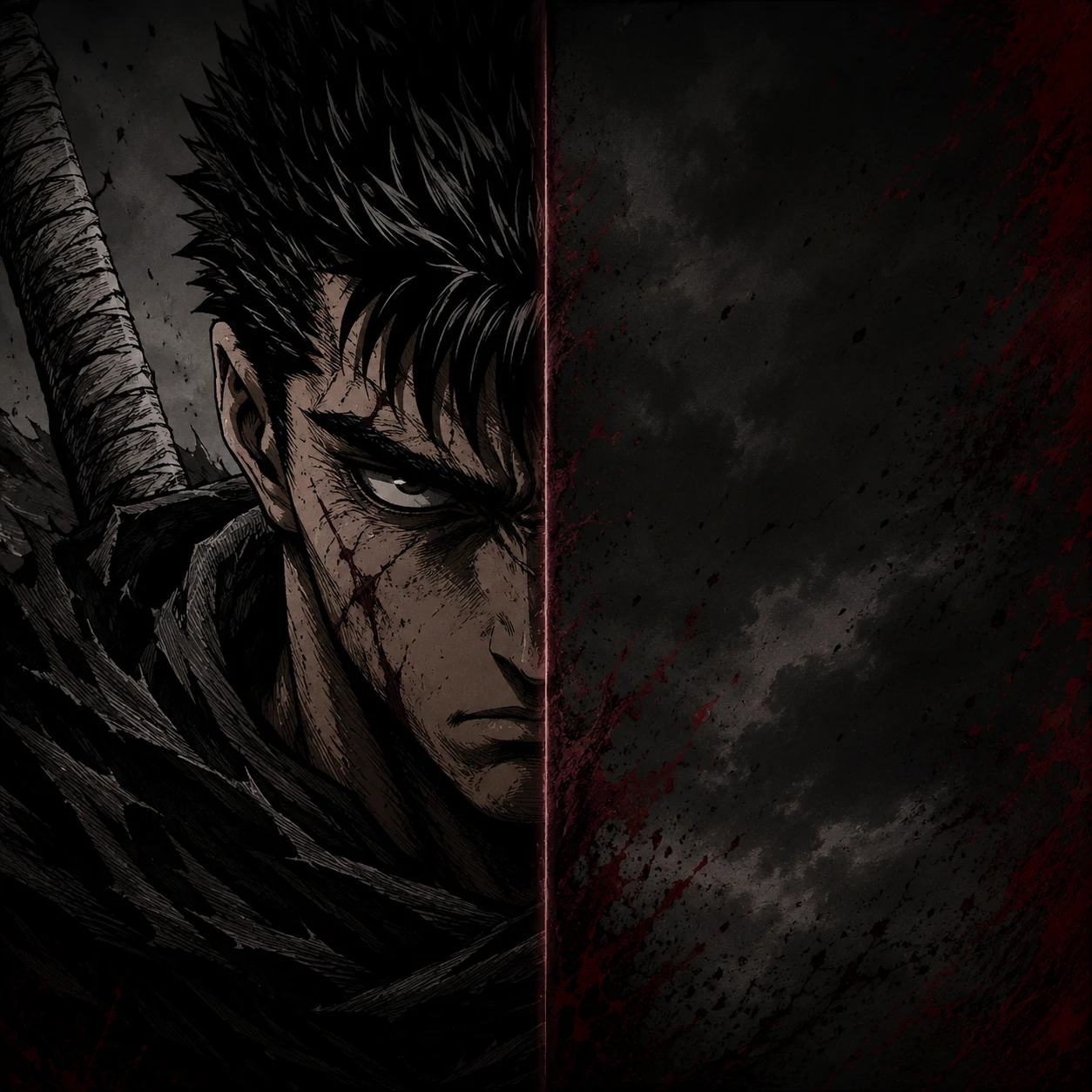 Matching Guts pfp with split composition and mirrored dark anime framing