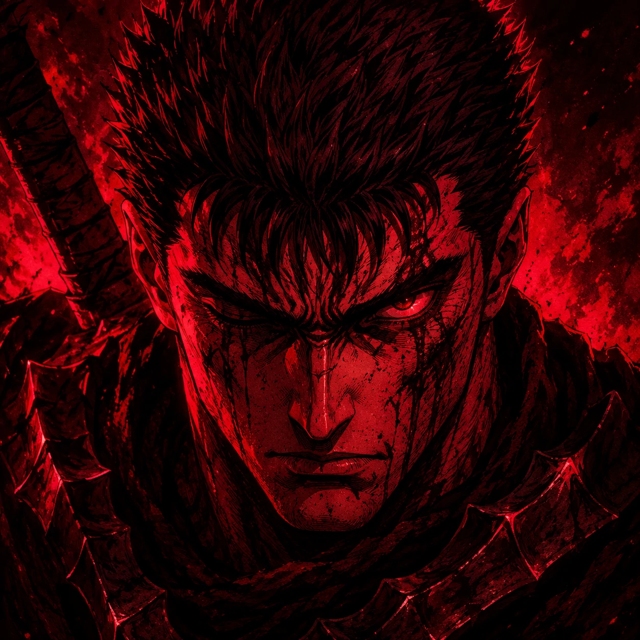 Guts red pfp with glowing crimson lighting and shadowed battle-scarred face