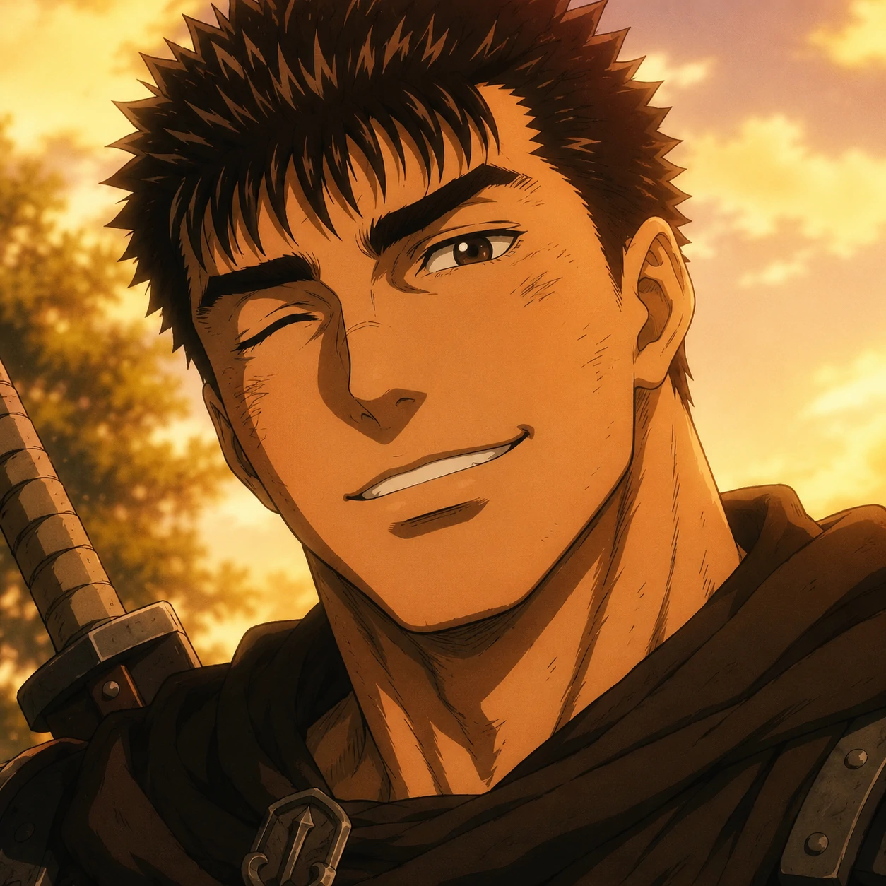 Smiling Guts profile picture with warm light and relaxed anime-era expression