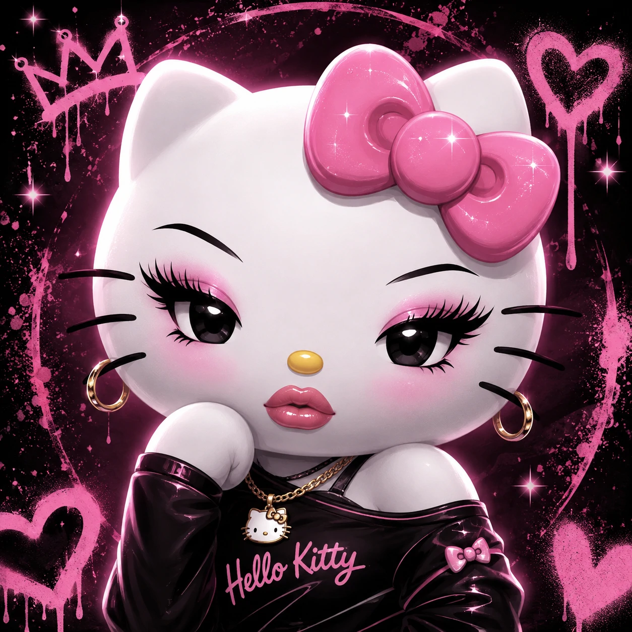 Baddie Hello Kitty PFP with glossy lips, long lashes and small gold hoop earrings