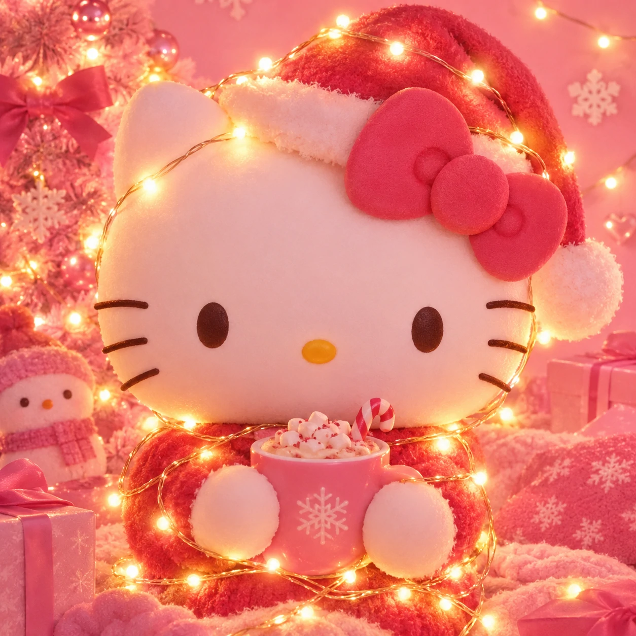 Cosy Hello Kitty Christmas profile picture wrapped in warm fairy lights on pink